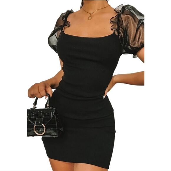 Papaya -1213‎ Bodycon Dress Mesh Puff Short Sleeve Large - Picture 1 of 3